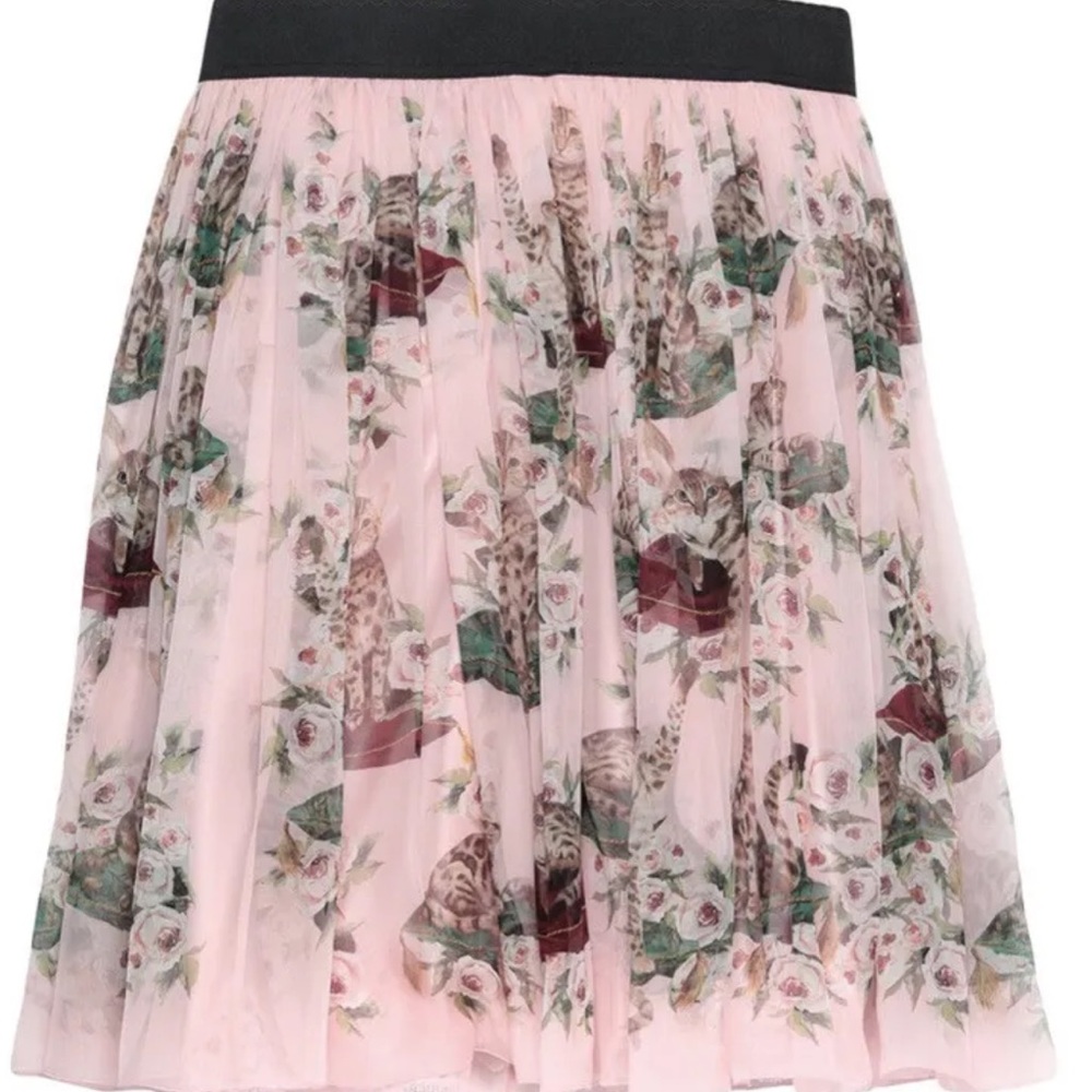 Dolce & Gabbana Light Pink/Blush Silk Cat Print Skirt with Lace and Satin Slip